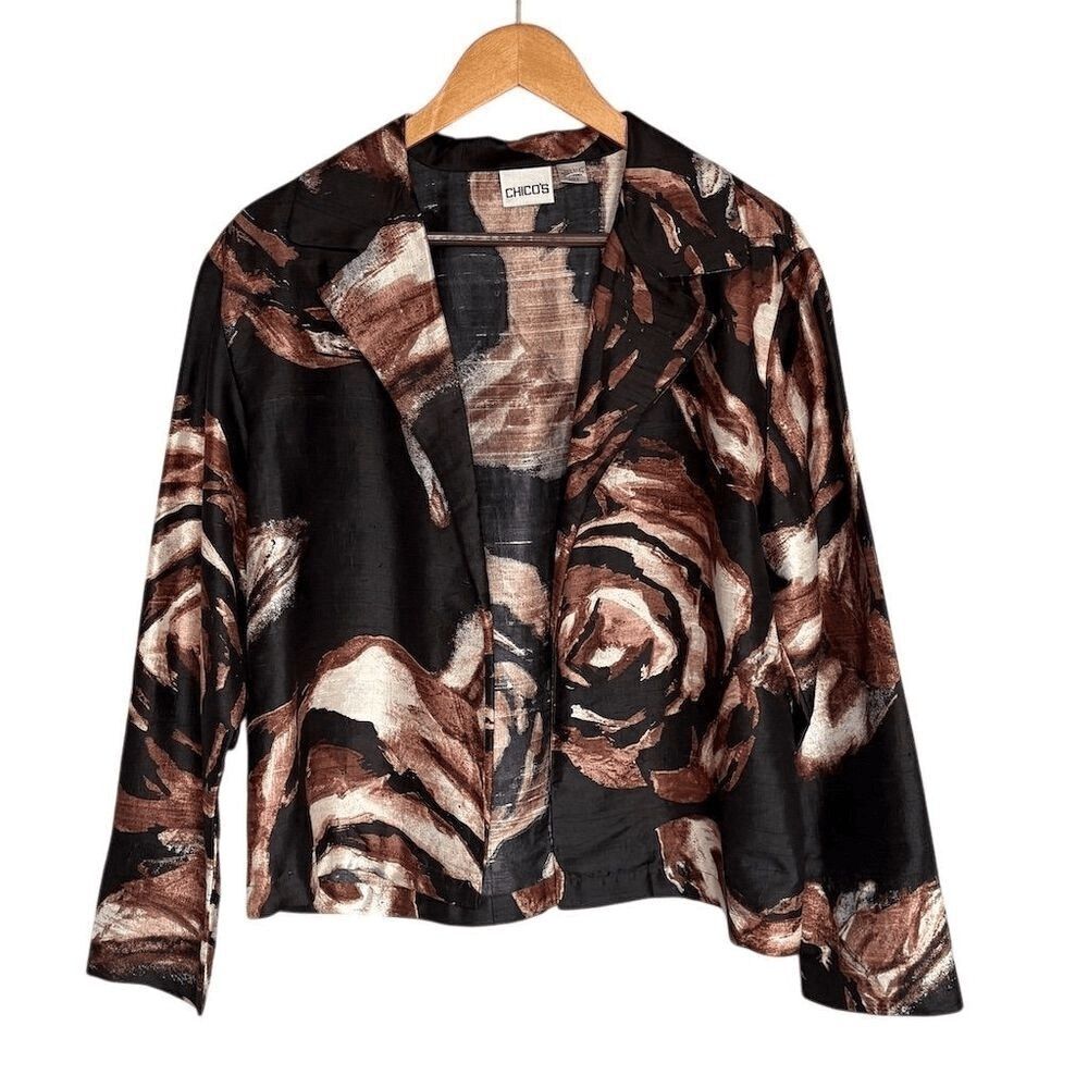 Chico's Women's Floral Silk Open Jacket Size 2 Multicolor Long Sleeve Topper